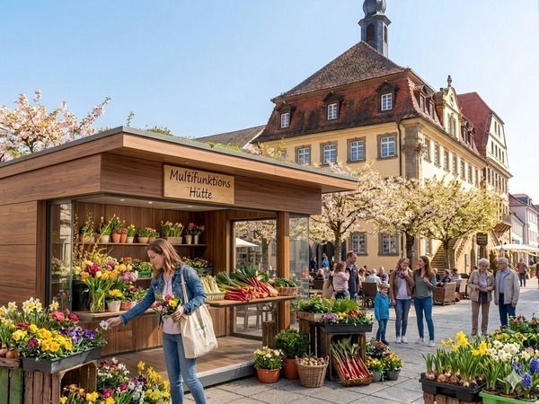 KI-Info: Die belebte Multifunktionshütte vor dem Neckarsulmer Rathaus